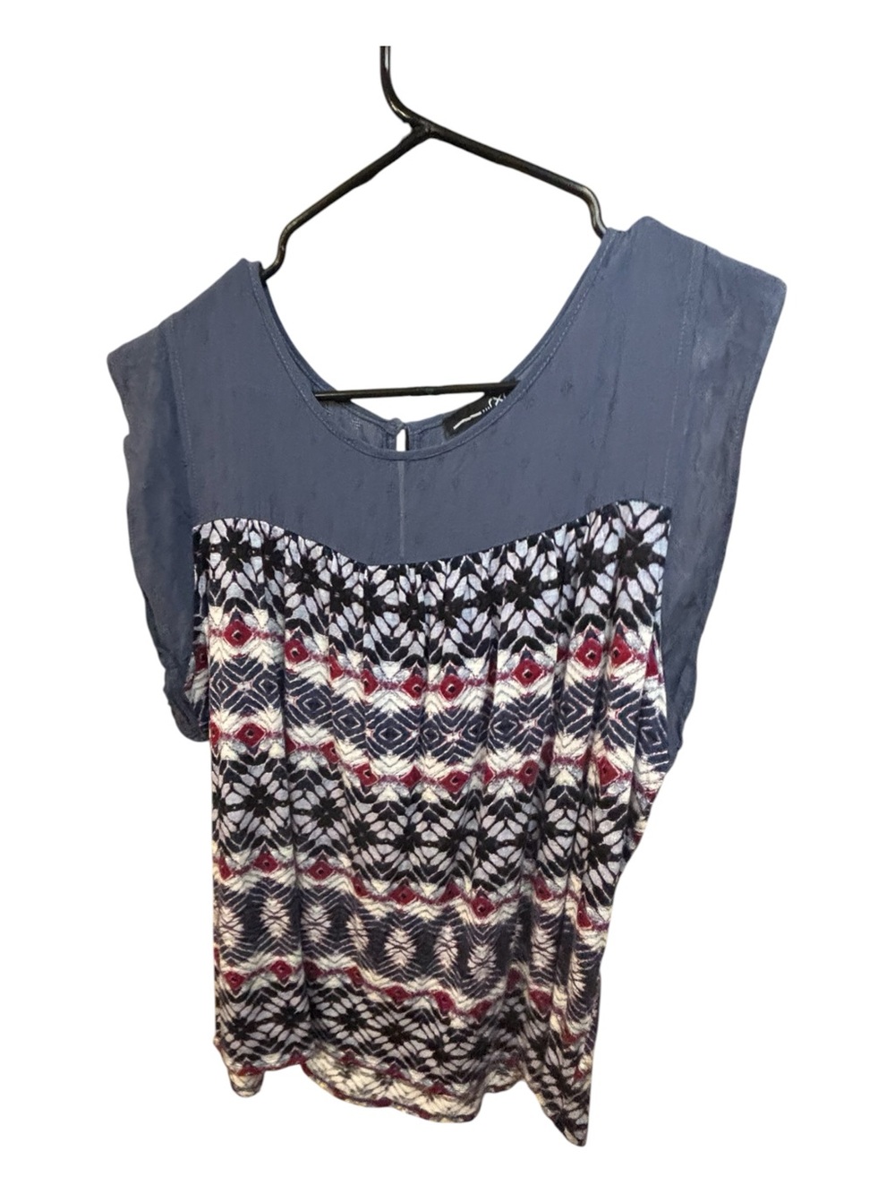 RXB Navy Cap Sleeve Mixed-Print Blouse with Burgundy Accents - Picture 3 of 5